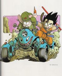 2boys armpits bad_link binding_discoloration black_eyes black_footwear black_hair blue_sash blue_wristband cabbie_hat clenched_teeth collarbone dirt dougi dragon_ball dragon_ball_(classic) driving dust dust_cloud facing_viewer floating_rock frown green_headwear green_jacket grey_background hand_on_handle hand_on_headwear hand_up hat highres holding holding_weapon jacket looking_afar messy_hair military military_hat military_jacket military_uniform mini_flag motor_vehicle motorcycle mountain multiple_boys obi oolong open_mouth orange_pants outstretched_arm pants rear-view_mirror rock ruyi_jingu_bang sash scan shadow shoes side-by-side simple_background son_goku speed_lines teeth toriyama_akira uniform upper_teeth_only v-shaped_eyebrows weapon wristband