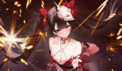  1girl arm_at_side artist_name bare_shoulders bell black_choker blunt_bangs blurry blush breasts brown_background brown_hair center-flap_bangs choker cleavage closed_mouth collarbone commentary criss-cross_halter depth_of_field english_commentary eyelashes fox_mask hair_ribbon halterneck hand_up honkai:_star_rail honkai_(series) index_finger_raised jingle_bell long_hair looking_at_viewer mask mask_on_head medium_breasts neck_bell pointing pointing_at_viewer red_eyes red_ribbon ribbon shaoviie simple_background smile solo sparkle sparkle_(honkai:_star_rail) sparks split_mouth straight_hair tsurime twintails upper_body upturned_eyes very_long_hair 