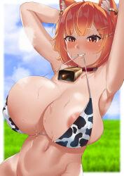  1girl animal_ear_fluff animal_ears animal_print areola_slip arm_behind_head armpits arms_up bare_arms bare_shoulders bikini bikini_in_mouth blurry blurry_background blush border breasts choker clothes_in_mouth cloud covered_erect_nipples cow_print cow_print_bikini cowbell day ear_piercing grass grin hair_ornament hairclip large_breasts looking_at_viewer mouth_hold mutou_ham navel neck_bell nijisanji orange_eyes orange_hair outdoors outside_border piercing print_bikini ratna_petit red_choker short_hair smile solo steam strap_pull sweat swimsuit teeth teeth_hold untied_bikini upper_body virtual_youtuber x_hair_ornament 