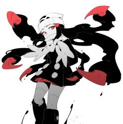  1girl alternate_eye_color arms_behind_back beanie black_coat black_footwear black_hair boots claws coat coat_dress covered_mouth creatures_(company) dawn_(pokemon) feet_out_of_frame fusion game_freak gen_4_pokemon giratina hair_ornament hat head_tilt knee_boots legendary_pokemon long_hair long_sleeves nintendo nitorou over-kneehighs poke_ball_print pokemon pokemon_(creature) pokemon_dppt pokemon_platinum prehensile_hair print_headwear red_eyes scarf simple_background solo splashing spot_color standing thighhighs white_background white_hat white_scarf white_thighhighs winter_clothes winter_coat  rating:Sensitive score:31 user:pc88