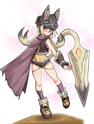  1girl animal_ears animal_hat black_gloves black_hair black_hat black_shirt black_shorts black_socks cape cat_girl cat_hat cat_tail commentary cougar_(cougar1404) covered_navel cropped_shirt fingerless_gloves full_body gloves gradient_hair grey_cape grey_hair hashtag-only_commentary hat head_tilt huge_weapon key_(cougar1404) leotard long_hair looking_at_viewer micro_shorts multicolored_hair orange_footwear orange_leotard original parted_lips prototype_design red_eyes ribbed_leotard shirt shoes shorts sleeveless sleeveless_shirt socks solo standing standing_on_one_leg sword tail thigh_strap torn_cape torn_clothes weapon 