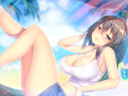 1girl a.x. absurdres areola_slip bare_arms bare_legs bare_shoulders bikini_tan black_eyes black_hair blue_shorts blush breasts collarbone commentary_request covered_erect_nipples day groin hair_between_eyes half-closed_eyes hand_to_head highres knees_up large_breasts long_hair looking_at_viewer navel no_bra original outdoors partial_commentary shiny_skin short_shorts shorts sitting solo stomach sweat tan tank_top tanline white_tank_top rating:Questionable score:28 user:danbooru