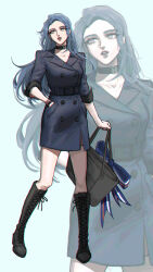  1girl aqua_background bag black_choker black_coat black_footwear blue_bow blue_hair boots bow breasts buttons choker coat collarbone double-breasted full_body grey_eyes hand_in_pocket highres holding holding_bag kurokawa_karasu long_hair medium_breasts original parted_bangs parted_lips sleeves_rolled_up solo 