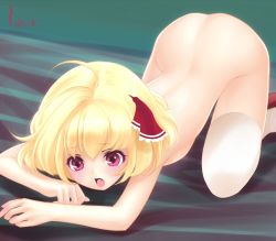  1girl ahoge all_fours bed blonde_hair blush embodiment_of_scarlet_devil fang female_focus hair_ribbon loli nude red_eyes ribbon rumia short_hair solo thighhighs top-down_bottom-up touhou yori yori_(shitsuon)  rating:Questionable score:18 user:thegomm