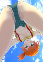  1girl :o aqua_eyes areola_slip ass blush breasts breasts_apart cloud creatures_(company) day foreshortening from_below game_freak highres kanden_sky looking_at_viewer looking_through_own_legs medium_breasts misty_(pokemon) navel nintendo no_bra open_fly open_mouth orange_hair outdoors panties panties_under_shorts partially_visible_vulva pokemon pokemon_(anime) pokemon_(classic_anime) short_hair short_shorts shorts side_ponytail sky solo standing stomach suspender_shorts suspenders thighs twitter_username underboob underwear upshirt upshorts upside-down white_panties  rating:Questionable score:166 user:danbooru