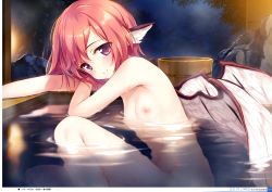 1girl absurdres afterglow animal_ears bath bathing breasts bucket closed_mouth completely_nude hair_between_eyes head_rest highres ke-ta looking_at_viewer mystia_lorelei navel night nipples non-web_source nude onsen outdoors page_number partially_submerged pink_eyes pink_hair purple_eyes short_hair small_breasts smile solo touhou translation_request tree water wet wet_hair wings wooden_bucket rating:Questionable score:81 user:danbooru