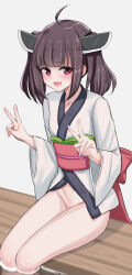  1girl ahoge blunt_bangs blush bottomless brown_hair censored cleft_of_venus double_v embarrassed headgear highres japanese_clothes kimono long_hair long_sleeves looking_at_viewer mosaic_censoring mustee no_panties obi open_mouth partially_submerged pussy raised_eyebrows red_eyes sash short_kimono simple_background smile solo touhoku_kiritan twintails v voiceroid water white_background white_kimono wide_sleeves 