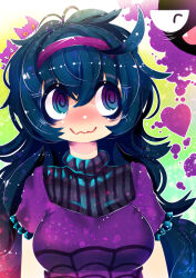  1girl @_@ ahoge black_frills black_hair black_sweater blue_eyes blush breasts closed_eyes closed_mouth creatures_(company) curly_hair dress facing_viewer fang frilled_dress frilled_sleeves frills game_freak gas gastly gen_1_pokemon gengar ghost green_background grin hair_between_eyes hairband hakkasame happy haunter headband heart hex_maniac_(pokemon) long_hair looking_at_animal looking_at_another looking_to_the_side looking_up medium_breasts multicolored_eyes nintendo open_mouth pokemon pokemon_(creature) pokemon_xy purple_dress purple_eyes purple_hairband purple_headband ringed_eyes short_sleeves simple_background skin_fang smile spider_web_print sweater tagme teeth turtleneck turtleneck_sweater upper_body wavy_mouth wide-eyed 