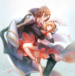  1boy 1girl arm_around_waist artist_name black_gloves black_pants blonde_hair blush breasts brown_eyes brown_hair closed_mouth collared_shirt dansearl djeeta_(granblue_fantasy) dress elbow_gloves formal frilled_gloves frills gloves granblue_fantasy hair_ribbon hand_on_another&#039;s_head heart jacket jacket_on_shoulders long_sleeves looking_at_another medium_breasts necktie pants parted_lips percival_(granblue_fantasy) petals profile red_neckwear red_ribbon ribbon shirt short_hair smile suit white_gloves white_shirt wing_collar 