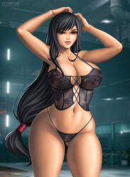 1girl abs absurdres black_hair black_panties breasts brown_eyes clothing_request female_focus final_fantasy final_fantasy_vii final_fantasy_vii_remake flowerxl gloves highres large_breasts long_hair nipples_visible_through_shirt paid_reward panties patreon patreon_reward pussy_visible_through_panties revealing_clothes square_enix standing tagme thick_thighs thighhighs thighs tifa_lockhart underwear