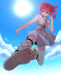 1girl ankle_lace-up bad_id bad_pixiv_id barefoot cross-laced_footwear dress feet fighting_stance foot_focus foreshortening gradient_background highres jewelry kicking magi_the_labyrinth_of_magic morgiana pendant puffy_cheeks red_eyes red_hair satou_iruno soles solo toes upskirt white_dress rating:Sensitive score:27 user:danbooru