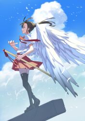  1girl akamatsu_ken angel angel_wings asymmetrical_bangs bird black_hair black_thighhighs blue_sky breasts brown_footwear cloud commentary concrete cumulonimbus_cloud day dress_shirt falling_feathers feathered_wings feathers floating_clothes floating_hair floating_neckwear flock from_side hair_tie hand_up highres holding holding_sword holding_weapon katana large_wings light_rays loafers long_hair looking_ahead mahou_sensei_negima! messy_hair necktie outdoors pleated_skirt profile red_necktie red_skirt sailor_collar sakurazaki_setsuna school_uniform sheath sheathed shirt shoes short_sleeves side_ponytail skirt sky small_breasts standing sword textless_version thighhighs weapon white_feathers white_shirt wind wind_lift wings  rating:General score:4 user:danbooru