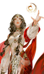  1girl arabian_clothes black_hair closed_mouth cowboy_shot fingernails forehead_jewel grey_eyes highres ibuki_satsuki jewelry long_hair looking_up magic necklace original outstretched_arm red_nails sharp_fingernails simple_background solo standing white_background 
