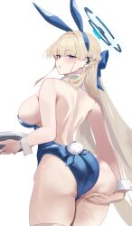  1girl absurdres animal_ears ass back bare_shoulders blonde_hair blue_archive blue_eyes blue_leotard blush braid breasts detached_collar earpiece fake_animal_ears french_braid halo highleg highleg_leotard highres kasumi_saika large_breasts leotard long_hair looking_at_viewer looking_back playboy_bunny rabbit_ears rabbit_tail solo tail thighs toki_(blue_archive) toki_(bunny)_(blue_archive) tray wrist_cuffs 