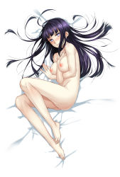  1girl artist_request ass barefoot bed between_breasts blush breasts completely_nude feet female_focus full_body hand_on_own_chest highres hyuuga_hinata large_breasts long_hair looking_at_viewer lying naruto naruto_(series) nipples nude on_side purple_eyes purple_hair rororororo solo sweatdrop white_eyes  rating:Questionable score:142 user:danbooru
