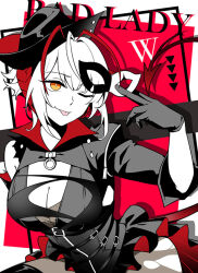1girl ;p ahoge antenna_hair arknights asymmetrical_gloves asymmetrical_sleeves belt belt_buckle border breasts buckle buttons card card_background character_name chinese_commentary cleavage closed_mouth commentary cowboy_shot demon_girl demon_horns demon_tail domino_mask drop_shadow dyed_ahoge elbow_gloves english_text eye_mask gloves greyscale greyscale_with_colored_background hair_between_eyes hand_up hat high_belt holding holding_mask horns large_breasts leaning leaning_forward leotard long_sleeves looking_at_viewer mask medium_hair monochrome multicolored_clothes multicolored_gloves multicolored_hair multicolored_hat multicolored_skirt o-ring o-ring_collar official_alternate_costume one_eye_closed outside_border pleated_skirt red_background red_gloves red_hair red_hat red_horns red_skirt red_tail shadow shirt short_sleeves showgirl_skirt simple_background single_bare_shoulder single_wide_sleeve skirt smile smirk solo spot_color spotlight streaked_hair tail thighhighs tongue tongue_out two-tone_hair uneven_gloves uneven_sleeves w_(arknights) w_(wanted)_(arknights) weibo_1834989465 yellow_eyes zipper