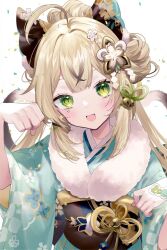  1girl :d animal_ears aqua_kimono bell brown_hair brown_sash cat_ears cat_girl cat_tail confetti cowlick floral_print_kimono fur-trimmed_kimono fur_trim gen_arare genshin_impact green_eyes hair_bell hair_ornament hands_up highres japanese_clothes kimono kirara_(genshin_impact) kirara_(post_office)_(genshin_impact) looking_at_viewer multiple_tails nekomata obiage official_alternate_costume open_mouth paw_pose sidelocks smile solo tail two_tails upper_body white_background 