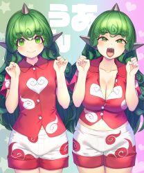  1girl absurdres before_and_after breast_expansion breasts cleavage cloud_print collarbone curly_hair green_hair highres horns kariyushi_shirt komainu komainu_ears komano_aunn large_breasts midriff navel open_mouth paw_pose red_shirt shirt shorts single_horn small_breasts tarmo tongue tongue_out touhou white_shorts 