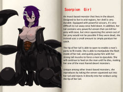breasts character_profile horns mon-musu_quest! monster_girl purple_hair scorpion scorpion_girl tagme text_focus translated rating:Explicit score:18 user:AmazingAmaya