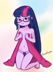 1girl barefoot black_hair blanket blush collarbone colored_skin covering_breasts covering_privates drantyno embarrassed flat_chest glasses hasbro highres kneeling loli long_hair multicolored_background multicolored_hair my_little_pony my_little_pony:_equestria_girls my_little_pony:_friendship_is_magic navel panties pink_hair purple_eyes purple_hair purple_panties purple_skin streaked_hair topless twilight_sparkle underwear 