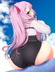  1girl ass ass_focus blush cameltoe come_hither ether_core from_behind goddess_of_victory:_nikke hair_ribbon highres huge_ass long_hair looking_at_viewer looking_back naughty_face pink_hair purple_eyes ribbon short_shorts shorts sitting smile solo thick_thighs thighs tongue tongue_out twintails very_long_hair yuni_(nikke)  rating:Sensitive score:133 user:armorcrystal