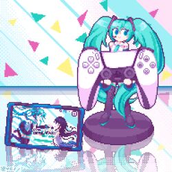  1girl black_footwear blue_eyes blue_hair blue_necktie boots cellphone collared_shirt commentary dualsense earpiece english_commentary figure hatsune_miku hoshino_ichika_(project_sekai) lowres mixed-language_commentary necktie phone pixel_art playstation_controller project_sekai reflection shirt smartphone smile thigh_boots twintails vocaloid white_shirt ycsawampfp 