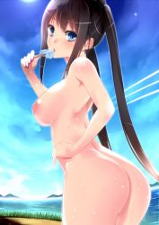 1girl amasora_taichi ass black_hair blue_eyes blue_sky blush body_blush breasts cloud day eating female_focus food hand_on_own_hip long_hair looking_back medium_breasts nipples nude open_mouth original outdoors popsicle sky solo sweat twintails water wet rating:Questionable score:90 user:BlueBaroness