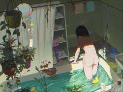 1girl arm_support ass back bathroom bathtub black_hair chromatic_aberration completely_nude day facing_away highres indoors leaning_forward long_hair nude original plant rubber_duck shade solo standing wading water wet wet_hair zuosi_zhichu rating:Questionable score:17 user:danbooru