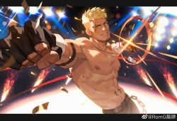  1boy abs absurdres amo_(amo9612) armlet bandaged_arm bandages bara black_pants blonde_hair brown_hair commission crowd dark-skinned_male dark_skin ear_piercing facial_hair facial_scar fingerless_gloves foreshortening gloves goatee green_eyes harness highres incoming_attack incoming_punch large_pectorals looking_at_viewer male_focus mature_male multicolored_hair muscular muscular_male navel nipples original pants pectorals piercing punching romg scar scar_across_eye scar_on_cheek scar_on_face second-party_source short_hair sideburns smirk solo spiked_hair spotlight stomach stomach_tattoo tattoo thick_eyebrows topless_male two-tone_hair undercut wrestling_ring  rating:Sensitive score:4 user:danbooru