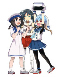 3girls black_hair blonde_hair blue_eyes blue_hair blue_sailor_collar breasts brown_hair bug caterpillar closed_mouth daitou_(kancolle) detached_sleeves dress fang flat_chest gloves hat highres holding insect_cage isuzu_(kancolle) isuzu_kai_ni_(kancolle) kantai_collection long_hair medium_breasts multicolored_clothes multiple_girls neckerchief open_mouth pantyhose pleated_skirt ponytail red_eyes red_skirt ribbon sado_(kancolle) sailor_collar sailor_dress sailor_hat school_uniform serafuku short_sleeves simple_background skin_fang skirt sweat tsuji_kazuho twintails white_background white_dress white_gloves
