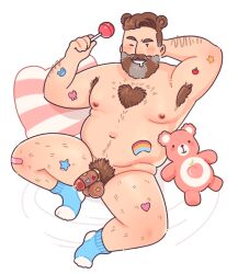  1boy absurdres animal_ears armpit_hair armpit_hair_peek bandaid bandaid_on_knee bandaid_on_leg bara bear_ears beard belly blush body_fur brown_hair candy chest_tuft cock_ring completely_nude drooling excessive_armpit_hair facial_hair fat fat_man flaccid food full_beard full_body hairy heart-shaped_body_hair highres holding lgbt_pride lollipop looking_at_viewer lying male_focus male_pubic_hair mature_male navel navel_hair nipples nude on_back one_eye_closed original peach_emoji penis pillow pink_bandaid porramarquinhos pubic_hair rainbow_print seductive_smile sex_toy short_hair smile socks solid_circle_eyes solo sparse_arm_hair sparse_chest_hair sparse_leg_hair stomach streaked_beard stuffed_animal stuffed_toy teddy_bear thick_beard thick_eyebrows thick_thighs thighs too_many_stickers uncensored  rating:Explicit score:1 user:danbooru
