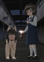  2girls all_fours animal_ears bdsm black_footwear black_hair blue_dress blue_ribbon blush breasts brown_hair buttons clothed_female_nude_female collar collarbone crying crying_with_eyes_open day dog_ears dog_tail dot_nose dress embarrassed exhibitionism female_focus holding holding_leash humiliation leash loli lolwi long_hair long_sleeves mary_janes multiple_girls navel neck_ribbon nipples nose_blush nude open_mouth outdoors pet_play pinafore_dress public_indecency public_nudity red_collar ribbon school_uniform shaking shirt shoes short_hair slave sleeveless_dress small_breasts socks standing sweat tail tears white_legwear white_shirt wide-eyed  rating:Explicit score:210 user:ravapan