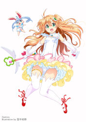  1girl amiami_(company) amico animal_ears blue_hair breasts covered_navel detached_sleeves dress frilled_dress frills gloves green_eyes hair_ornament highres holding holding_wand kuuchuu_yousai long_hair looking_at_viewer magical_girl official_art open_mouth orange_hair panties rabbit_ears red_footwear red_ribbon ribbon simple_background sleeveless sleeveless_dress small_breasts thighhighs underwear very_long_hair wand white_background white_gloves white_panties white_thighhighs 