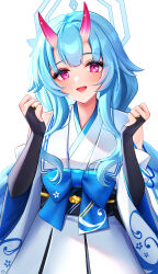 1girl :d absurdres bare_shoulders blue_archive blue_hair blue_halo blush braid bridal_gauntlets chise_(blue_archive) commentary detached_sleeves eyes_visible_through_hair halo hands_up highres horns japanese_clothes kimono long_hair looking_at_viewer obi oni_horns open_mouth pink_eyes sakurahuji-iro sash simple_background smile solo teeth twin_braids upper_teeth_only white_background white_kimono wide_sleeves rating:General score:3 user:danbooru