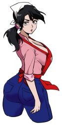 1girl apron artist_request ass black_hair bleach breasts brown_eyes curvy denim gloves huge_ass huge_breasts lips long_hair looking_at_viewer looking_back low_ponytail pants ponytail red_apron shirt simple_background solo standing unagiya_ikumi white_background wide_hips 