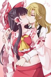  2girls ascot blonde_hair blush bow braid brown_hair closed_eyes commentary_request detached_sleeves frilled_bow frilled_hair_tubes frills hair_bow hair_tubes hakurei_reimu hand_under_clothes hand_under_skirt highres holding_another&#039;s_arm kirisame_marisa kiss kiss_day long_hair long_sleeves midriff mito_(fate) multiple_girls navel no_headwear red_bow red_eyes red_skirt ribbon-trimmed_sleeves ribbon_trim side_braid signature single_braid skirt skirt_set sweatdrop touhou white_bow yellow_ascot yuri 
