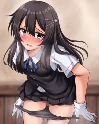 1girl absurdres black_hair black_panties black_skirt black_vest blue_neckwear blush breasts embarrassed gloves grey_eyes hair_ornament hairclip highres indoors kantai_collection medium_hair neck_ribbon neckerchief open_mouth oyashio_(kancolle) panties panty_pull pleated_skirt ribbon shirt short_sleeves skirt small_breasts solo underwear undressing vest white_gloves white_shirt zanntetu rating:Questionable score:59 user:danbooru