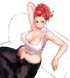 1girl arm_behind_head armpits bare_arms bare_shoulders black_pants blush breasts cleavage closed_mouth collarbone couch covered_erect_nipples delinquent duplicate from_above large_breasts midriff navel original pants ponytail purple_eyes red_hair shirt shu-mai simple_background sitting solo stomach tank_top unbuttoned_pants white_background white_shirt rating:Sensitive score:39 user:danbooru