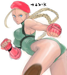  1girl ass bare_shoulders beret blonde_hair blue_eyes braid breasts cammy_white fingerless_gloves gloves hat highres large_breasts leotard long_hair simple_background solo street_fighter tetsu_(kimuchi) thighs twin_braids white_background  rating:Sensitive score:24 user:danbooru
