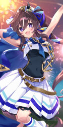  1girl :3 :d absurdres anchor_symbol animal_ears armpits arms_up bare_shoulders belt beret black_hair blue_bow blue_bowtie blue_cape blue_eyes blue_ribbon blush bow bowtie breasts brown_hair cape chain collarbone commentary_request covered_navel dress ear_covers ear_ornament feet_out_of_frame fireworks hair_between_eyes hair_ornament hair_ribbon hat highres horse_ears horse_girl horse_tail long_hair looking_at_viewer medium_breasts mole mole_under_eye open_mouth pleated_skirt purple_eyes ribbon sailor_collar sailor_hat shirt sidelocks single_ear_cover skirt sleeveless sleeveless_shirt smile sodemaru_unagi solo standing tail twintails umamusume very_long_hair vivlos_(umamusume) white_hat white_sailor_collar white_shirt white_skirt 