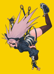  1girl black_gloves breasts brown_thighhighs character_request clenched_teeth commentary_request eyepatch fingerless_gloves g-room_honten gloves gundam hair_between_eyes long_hair long_sleeves open_mouth original personification pink_hair red_eyes simple_background solo spiked_hair teeth thighhighs yellow_background zaku 