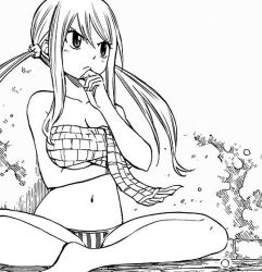  1girl arm_under_breasts bikini breasts fairy_tail hand_on_own_face hand_under_breasts large_breasts legs_apart long_hair lucy_heartfilia mashima_hiro navel on_floor scarf scarf_over_breasts swimsuit twintails  rating:Questionable score:9 user:MKfan