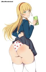 1girl absurdres ass ass_focus blonde_hair blush box_wonderland cellphone clothes_lift food_print from_behind green_eyes hairband heanna_sumire highres huge_ass lifted_by_self long_hair looking_at_viewer looking_back love_live! love_live!_superstar!! panties phone print_panties skirt skirt_lift smile solo strawberry_panties strawberry_print thighhighs thighs underwear white_background white_panties white_thighhighs rating:Sensitive score:131 user:FabricioDias