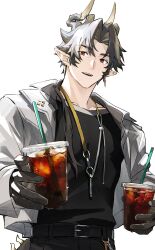  1boy absurdres arknights belt black_belt black_shirt chong_yue_(arknights) commentary commentary_request condensation cup disposable_cup dragon_boy dragon_horns dragon_tail drink drinking_straw ear_piercing grey_jacket highres holding holding_cup holding_drink horns jacket looking_at_viewer male_focus multicolored_hair okonon_(kado_colda) open_mouth piercing pointy_ears red_eyes shirt smile tail white_background 
