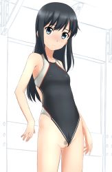 10s 1girl asashio_(kancolle) bad_id bad_pixiv_id black_hair blue_eyes blush breasts cameltoe cleft_of_venus closed_mouth clothing_aside competition_swimsuit cowboy_shot female_focus female_pubic_hair grey_eyes highleg highleg_swimsuit highres kantai_collection long_hair looking_at_viewer one-piece_swimsuit pubic_hair pussy small_breasts solo standing swimsuit swimsuit_aside takafumi uncensored rating:Explicit score:52 user:sytalidis