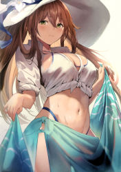 1girl absurdres beige_background bikini blush breasts brown_hair cleavage closed_mouth contrapposto cowboy_shot flower girls&#039;_frontline green_eyes hair_between_eyes hat hat_flower highres large_breasts long_hair looking_at_viewer navel official_alternate_costume sarong scan see-through shirt sidelocks simple_background sleeves_rolled_up sola_(solo0730) solo springfield_(girls&#039;_frontline) springfield_(stirring_mermaid)_(girls&#039;_frontline) sun_hat sweat swimsuit tied_shirt wet wet_clothes wet_shirt white_bikini rating:Sensitive score:29 user:danbooru