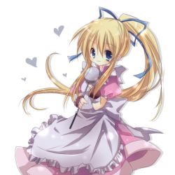  1girl aged_down apron bad_id blonde_hair blue_eyes dress fingerless_gloves gloves happy heart high_ponytail ladle lilith_aileron long_hair looking_at_viewer lowres ponytail simple_background smile solo standing tales_of_(series) tales_of_destiny very_long_hair white_background yuna_(mohairalps) 
