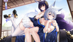  2girls absurdres animal_ears ass_grab azur_lane bare_legs bare_shoulders bent_over black_hair black_kimono blue_eyes blue_kimono blue_nails breast_press breast_rest breasts breasts_on_another&#039;s_back cleavage commentary_request crossed_legs day expressionless floral_print fox_ears fox_girl fox_tail from_below from_side full_body gradient_tail grin hair_between_eyes hair_over_eyes hand_on_another&#039;s_ass hands_up high_heels highres indoors japanese_clothes jfzm001 kimono kimono_pull kitsune kneeling large_breasts legs_folded long_hair looking_at_viewer looking_down lying lying_on_person midriff miniskirt multiple_girls musashi_(azur_lane) nail_polish on_stomach open_door own_hands_together parted_lips pleated_skirt print_kimono purple_hair purple_nails sakura_empire_(emblem) shinano_(azur_lane) sitting skindentation skirt smile tail thighhighs thighs very_long_hair white_hair white_skirt yellow_eyes  rating:Sensitive score:13 user:danbooru