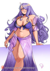  1girl absurdres bare_shoulders bikini breasts camilla_(fire_emblem) camilla_(summer)_(fire_emblem) commentary deliciousbrain feet_out_of_frame fire_emblem fire_emblem_fates fire_emblem_heroes grin hair_over_one_eye highres large_breasts long_hair looking_at_viewer nintendo official_alternate_costume purple_bikini purple_eyes purple_hair sarong simple_background smile solo standing swimsuit thighs very_long_hair white_background 