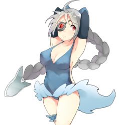  1girl ahoge alternate_costume arc_system_works armpits arms_behind_head arms_up blazblue braid breasts cleavage covered_erect_nipples cowboy_shot cropped_legs curvy detached_sleeves drawfag elbow_gloves eyepatch frills gloves grey_hair large_breasts leotard lips long_hair looking_to_the_side nu-13 pout red_eyes saviala showgirl_skirt sideboob simple_background single_braid skirt solo thigh_strap very_long_hair white_background  rating:Sensitive score:22 user:RodnaFighter